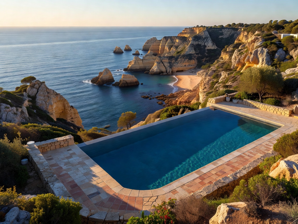 Blue infinity pool overlooking the Algarve coast