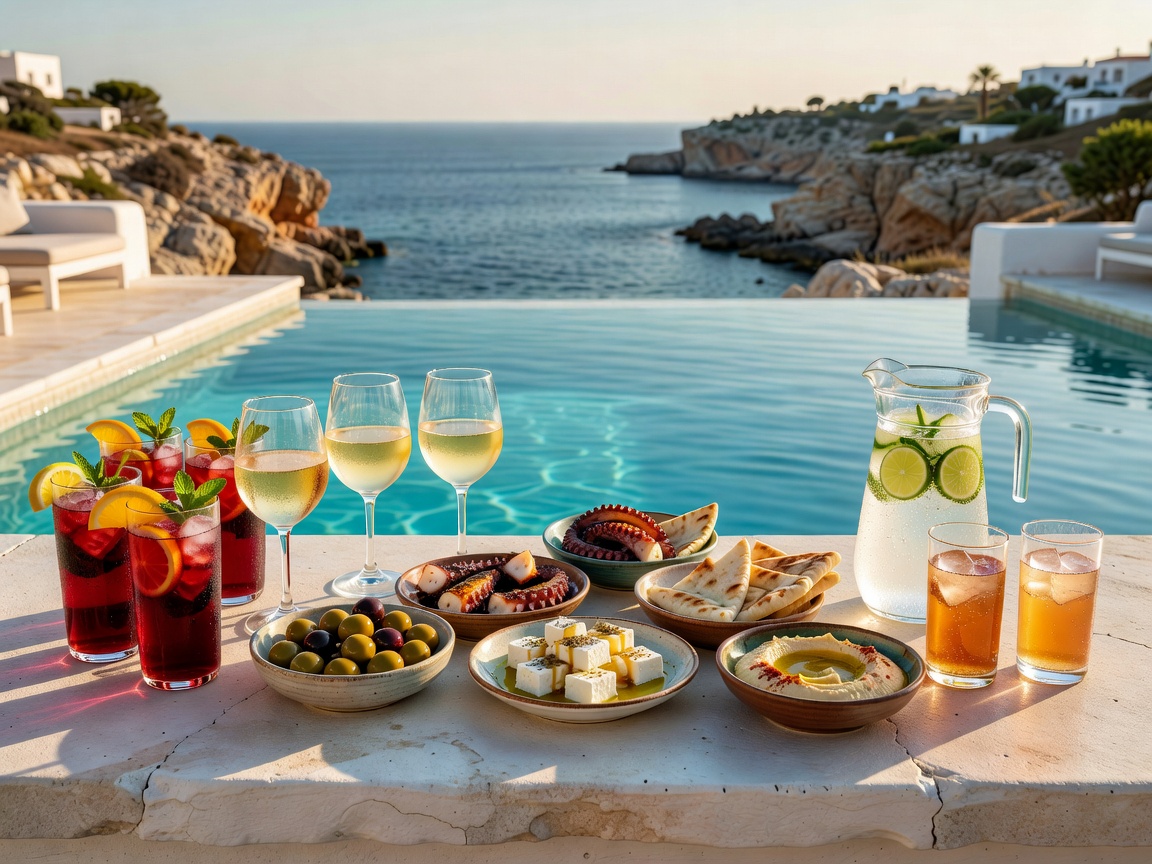 Drinks and small plates at a Mediterranean pool bar