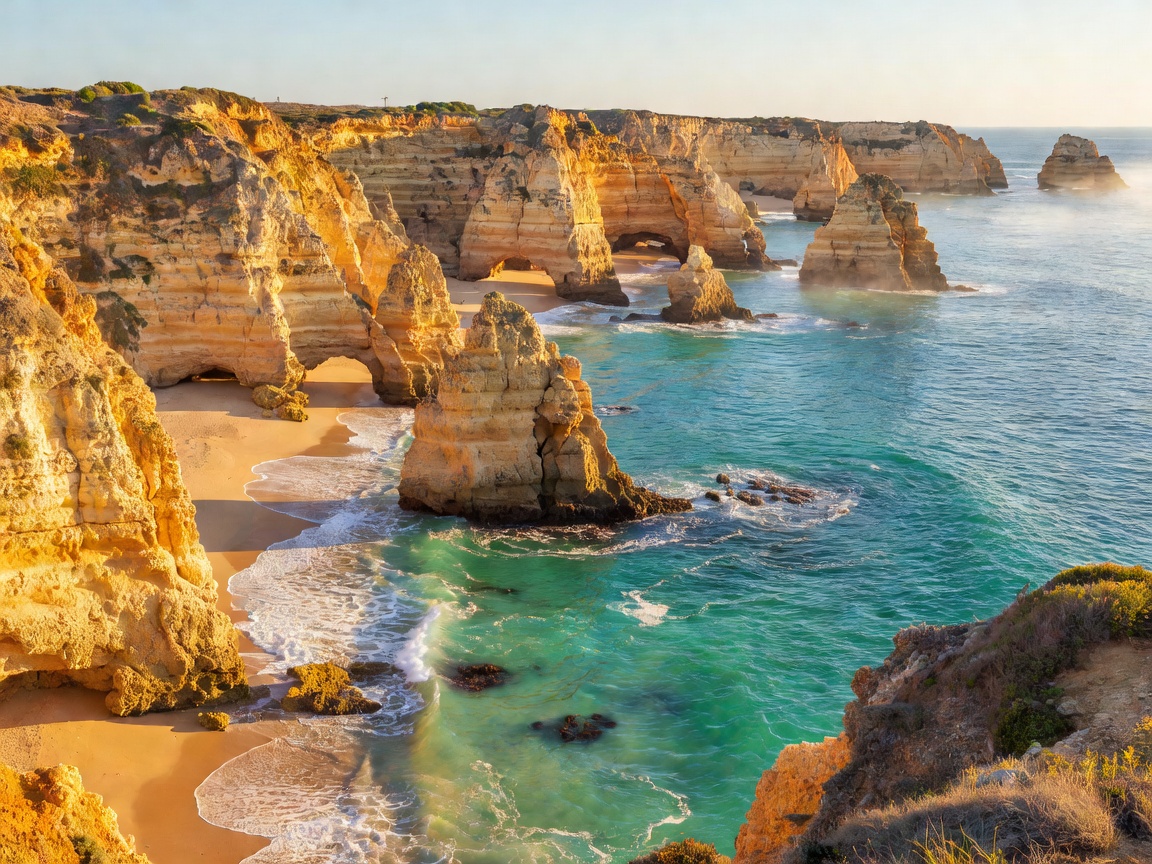 Golden cliffs and turquoise water on the Algarve coast